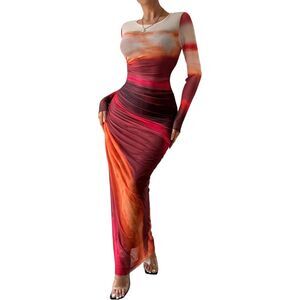 Red Orange Flame Ruched Mesh Party Dress S Slinky
